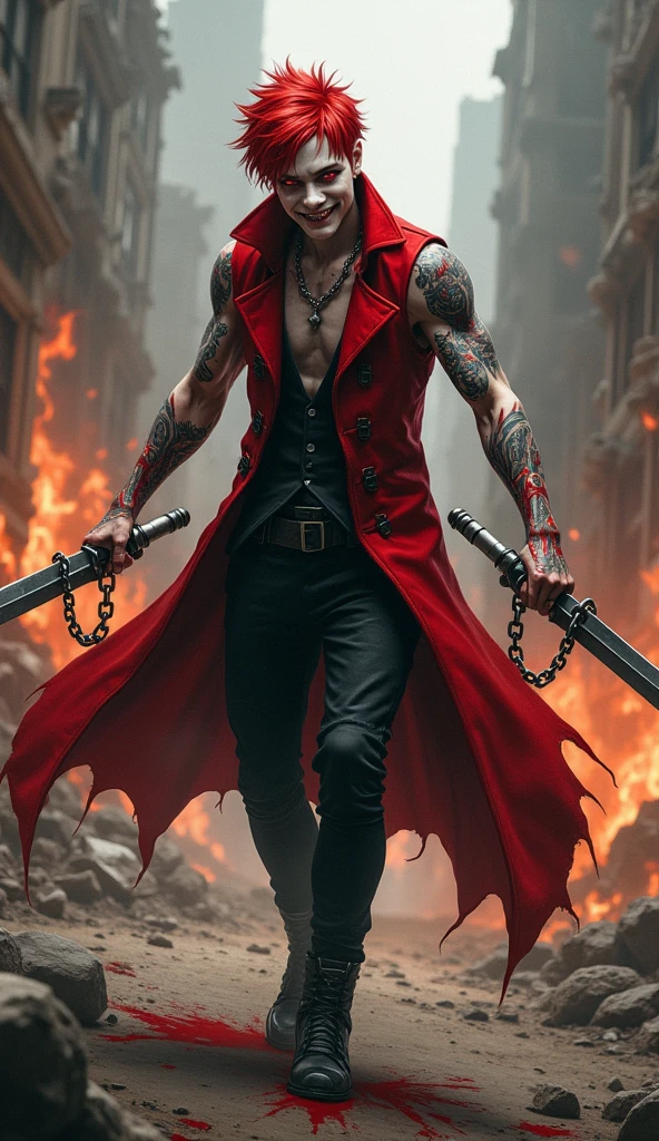 General plan 1 man, young man with red hair ((redhead)), he has pale white skin. his eyes are red and black with no trace of white (bright red pupils and black iris) ((crazy and scary eyes)), he has a sadistic smile ((cruel and sadistic smile)) and a terrifying look, he is athletic, his body and arms are covered in tattoos of criminals (tattoos), he is dressed in a red sleeveless coat ((manteau rouge sans manches)), and black trousers and black boots, he holds in each hand the handle of a sharp blade, he holds two in each hand, both blades are identical (Short-bladed swords) ((Blade realistic)), to which are attached to their pomo a large chain (metal chain), the two blades are attached to a chain, he can control his chains as he sees fit, he uses a telekinesis power on his chains to be able to launch them and change their trajectory as he wishes, there is blood on his blades and on his hands (blood), he is in battle position, behind him there are destroyed buildings in ruins and fire,