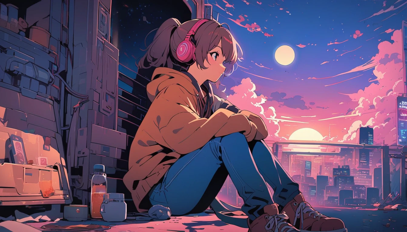 (extremely detailed CG unity 8k wallpaper), (best quality), (best illustration), (best shadow), realistic lighting, beautiful detailed reglow, masterpiece, best quality, lofi artstyle, lofi art, 80s anime style, Retro, Lo-Fi, 1girl, solo, brown hair, red hair, sitting, ponytail, sky, pants, cloud, hood, hoodie, profile, night, headphones, moon, hood down, night sky, full moon, jeans, city
