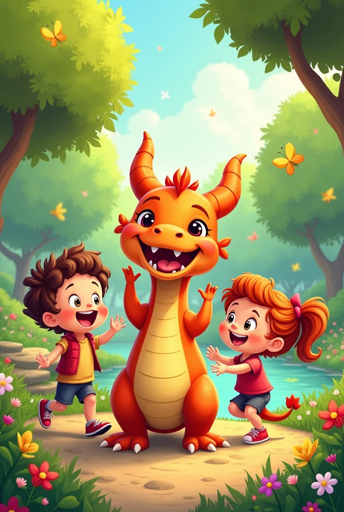Generate a cartoon image of 4 year old kids playing with dragon in park joyfully