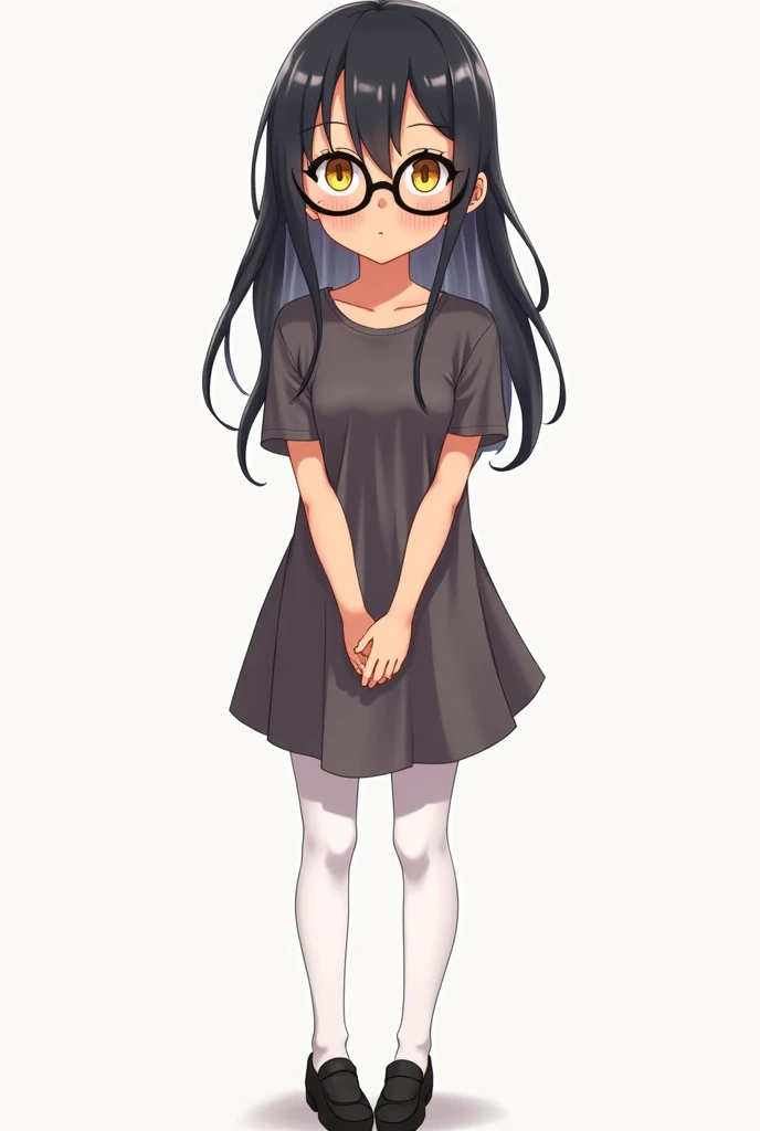 Anime girl, tan skin, yellow eyes, long black hair, white highlights, round glasses, nerdy girl, gamer, very shy, dress, full body, white leggings, black girly shoes