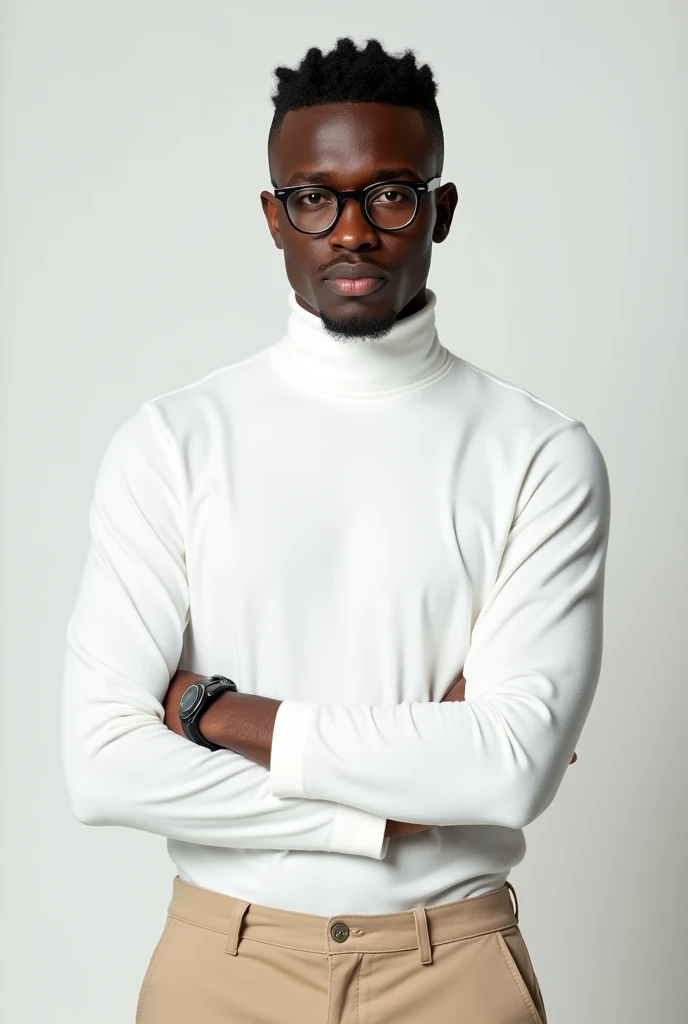 rompts Copy prompts best quality:1.4), (ultra-high resolution:1.2), (photoshotrrealista:1.6), (8k, photoshot:1.2), a 20 year old dark skinned young man. Haircut with shaved sides and short top. He is wearing a white long sleeved shirt, turtleneck sweatshirt.. beige social pants. Black round prescription glasses. The camera focuses on the face. De pé em um estúdio photoshotgráfico com fundo branco. he is Brazilian