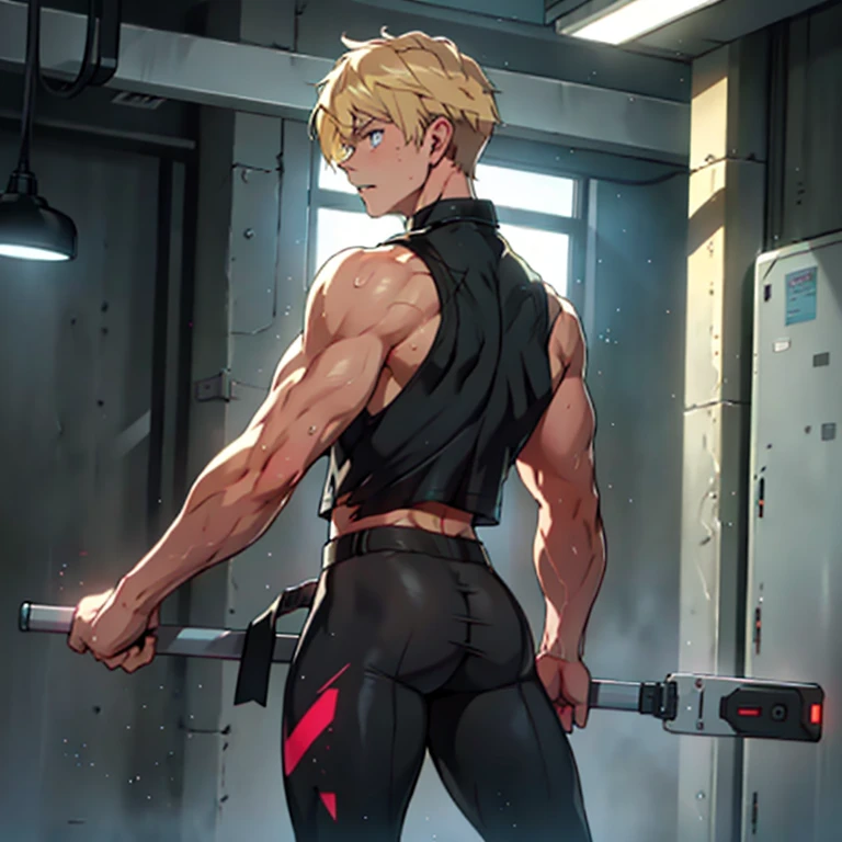 Highest quality,masterpiece Surprised expression,Raised to be sexy, Blonde Blue eyes Ripped black tights Electricity is running get wet large delicate eyes The black sleeveless collared shirt was torn 上半身naked sweating youth torture Skin is visible in places shout Putting pressure on the hips naked Hair growing upwards suffer Detailed depiction A regretful look I can see your muscular ass Rear view I can see the back of the person behind me. With legs apart Long bangs
