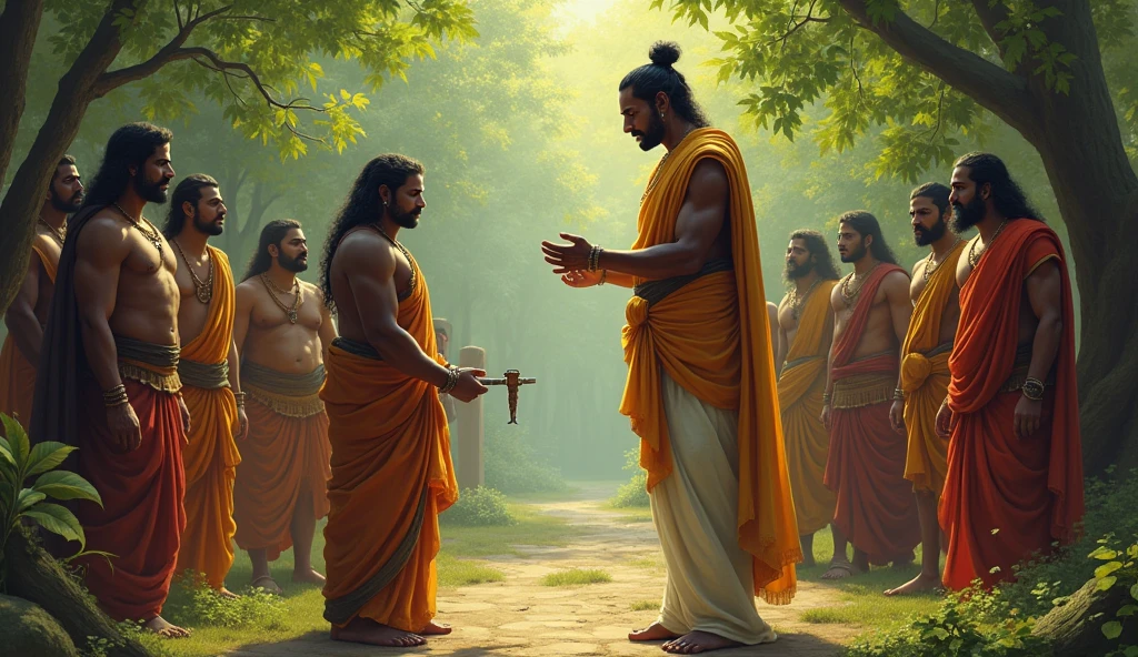 Dronacharya, holding Ekalavya’s thumb in his hands, with a solemn expression, surrounded by the stunned Kuru princes.**