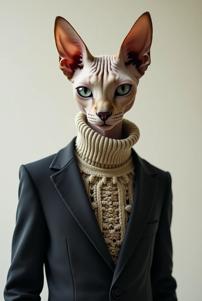 Sphinx cat wearing sweater suit.