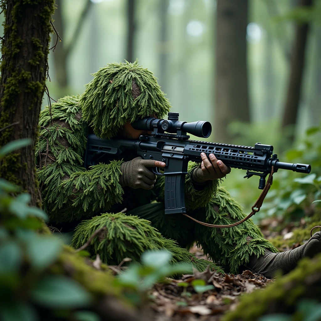 A sniper in a ghillie suit, hidden in a dense forest, aiming through the scope of a high-caliber rifle.