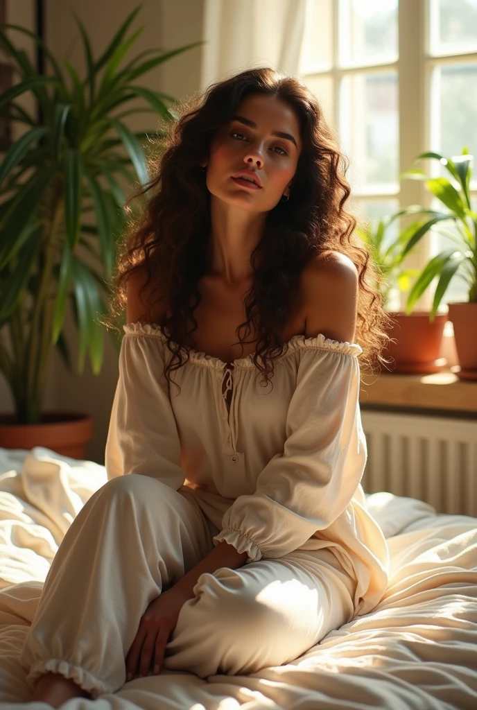 (photorealism:1.2), beautiful woman, sitting on bed, wearing loose off-shoulder top, pajama pants, long curly hair, indoors, soft lighting, plants in background, window with sunlight, cozy room, relaxed pose, realistic, intricate details, warm colors, by Greg Rutkowski, by Alphonse Mucha