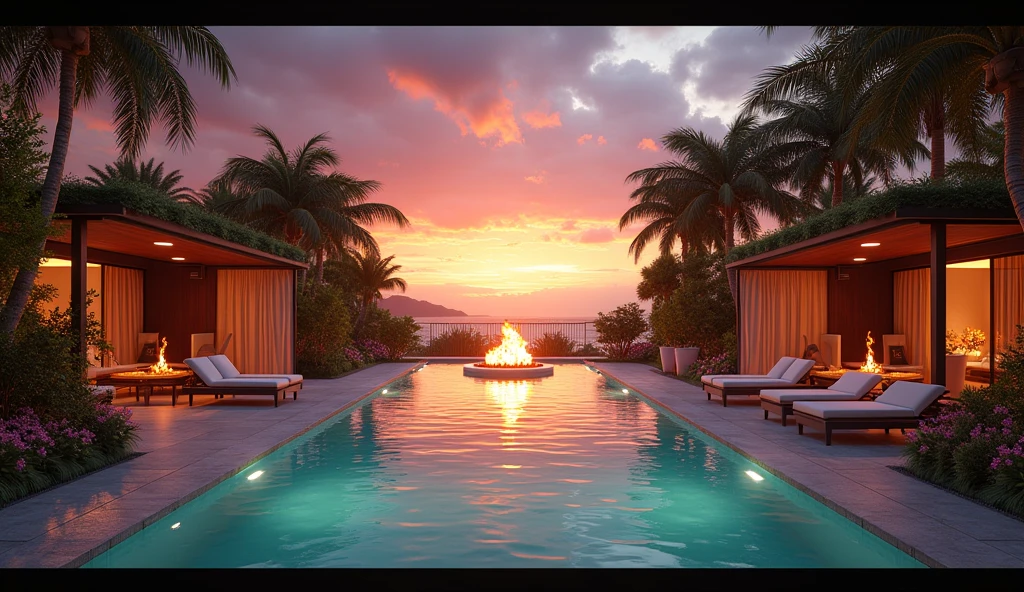 ((fire in the middle)), poolside lounge, sunset