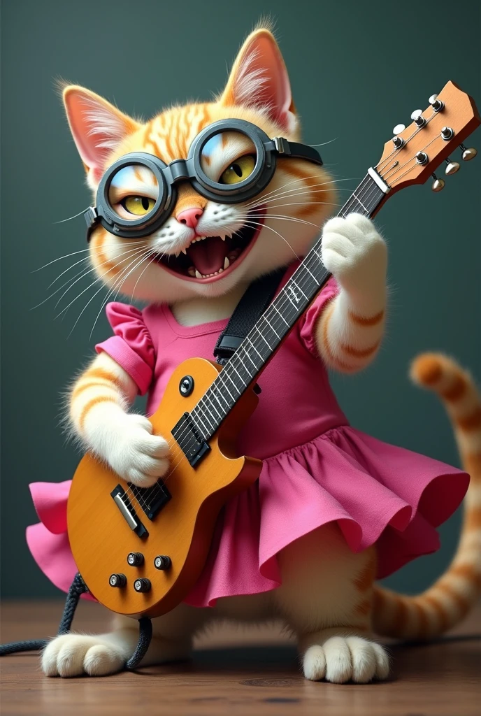 Angry Cat wearing pink dress with grey goggles and playing guitar rigorously with smile