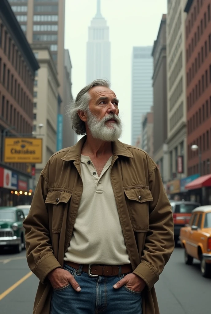 old man wearing white Henley, brown cotton jacket and blue jeans in worker style with white beard looking to other side of street in downtown New York city from 1970