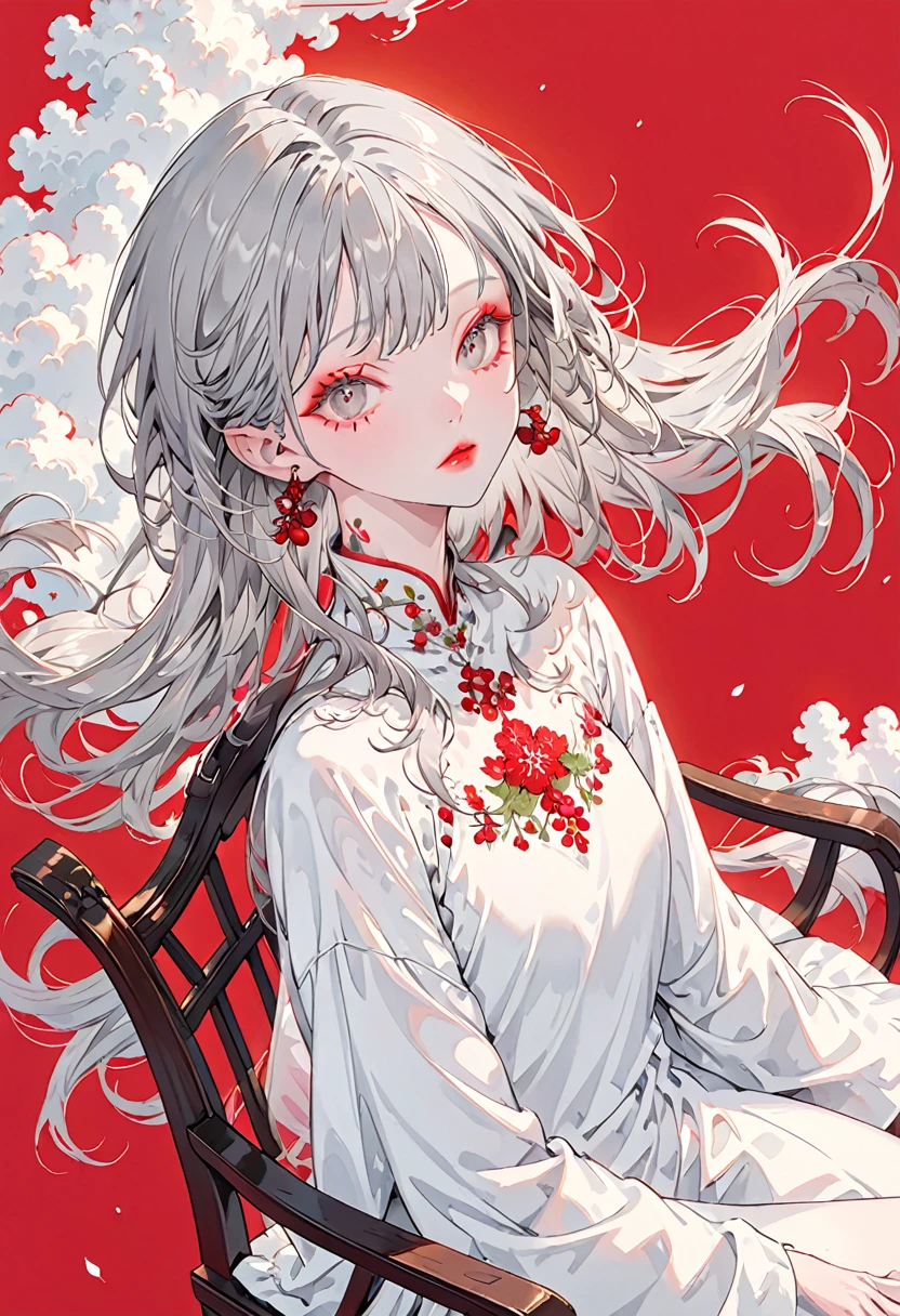 Crimson Background、(Highest quality,Very detailed,High resolution:1.2),Slim albino girl,Gray-haired berry shorthair,gray bangs,very_Long eyelashes, Detailed lips, Cool look, Soft Skin, Shiny Hair,Exquisite makeup,Sitting on a chair on a cloud,Neck tattoo,Shot from above