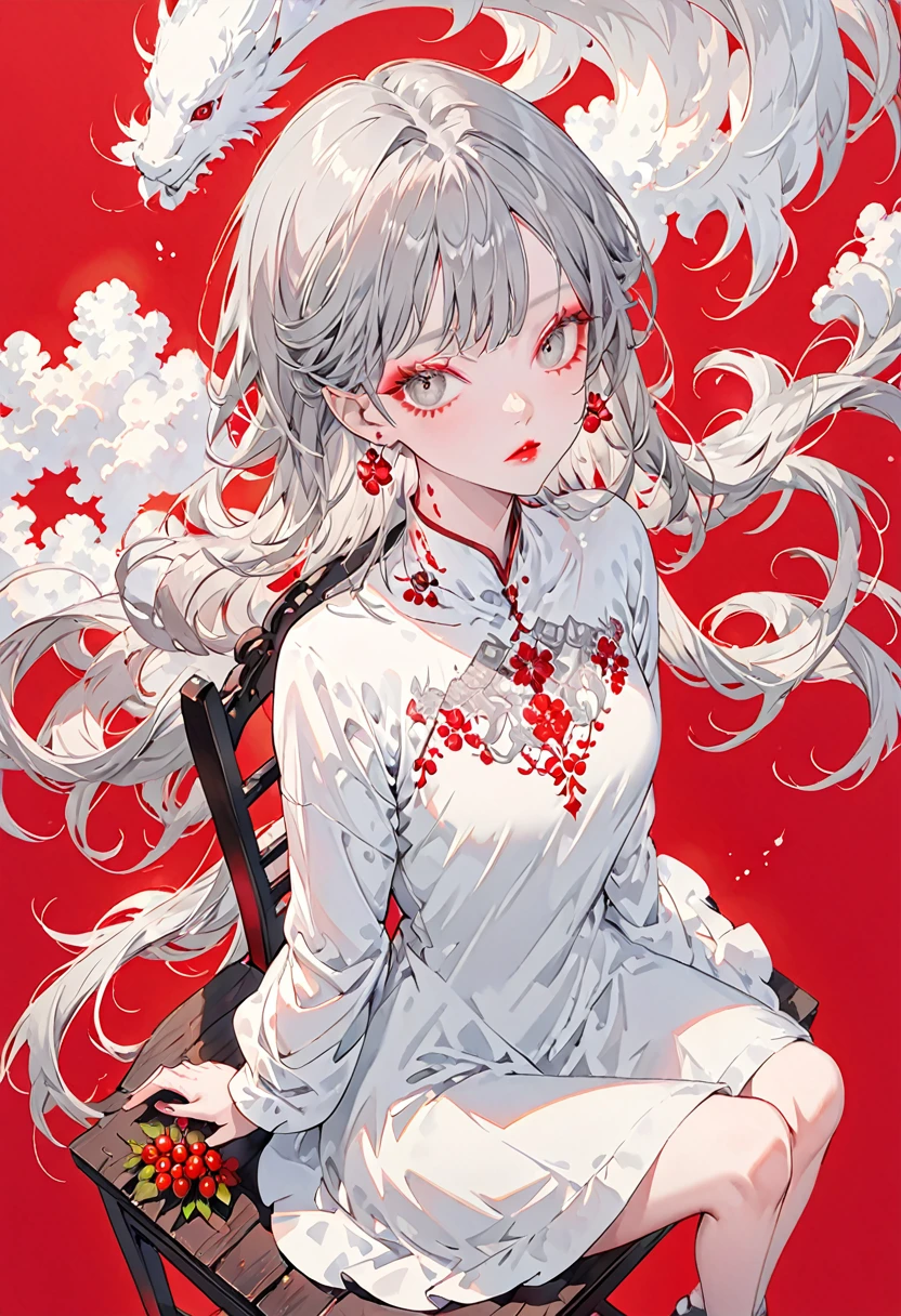 Crimson Background、(Highest quality,Very detailed,High resolution:1.2),Slim albino girl,Gray-haired berry shorthair,gray bangs,very_Long eyelashes, Detailed lips, Cool look, Soft Skin, Shiny Hair,Exquisite makeup,Sitting on a chair on a cloud,Neck tattoo,Shot from above