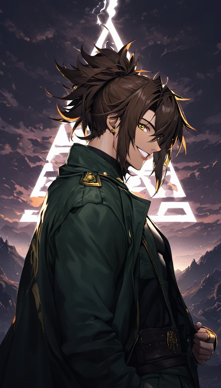 Muscular man, defined body, Gold rings on every finger, Light blue gangster jacket, Black shirt under the jacket, Green long army pants, Brown military boots, Wicked Smile, Orange spiky hair, Messy Hair, short hair, Yellow Eyes, A huge mountain々Desert landscape with clouds, Scenery with monsters around.One person, Brown Hair, Large Breasts, Take a closer look, Cowboy Shot, 