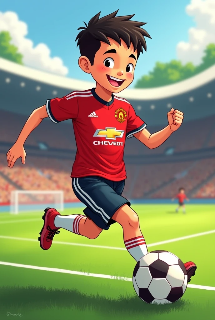 A thin boy is a footballer player. He plays football on the field with smily face. He wears a shirt with his name Yi Xian and Manchester United logo  . Cartoon drawing