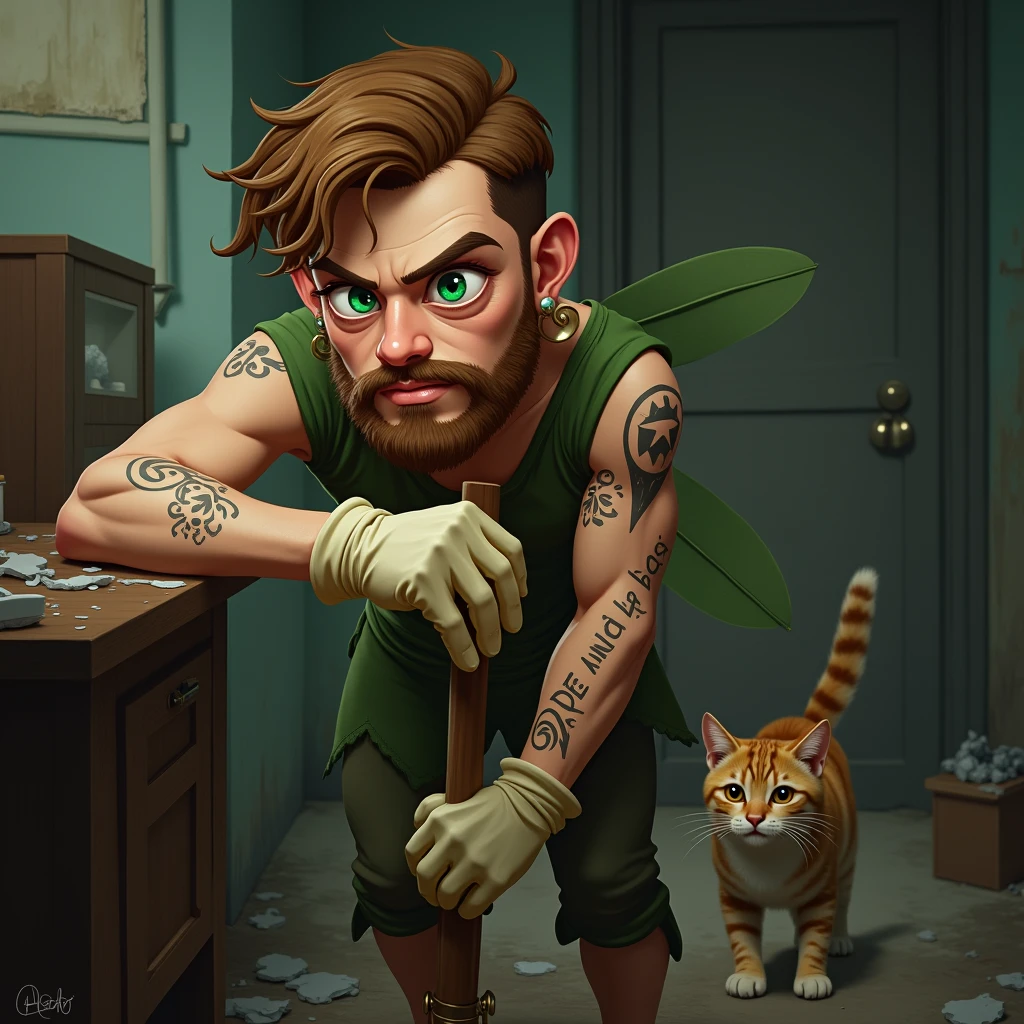 man from Sao Paulo, 3, tattoo on right arm, ear rings, brown beard, Caucasian skin, short light brown hair, sunken eyes green color, sexly. He is dressed as a fairy, using cleaning gloves, leaning on a broom. You are cleaning a dirty apartment and there is a cat in the background.