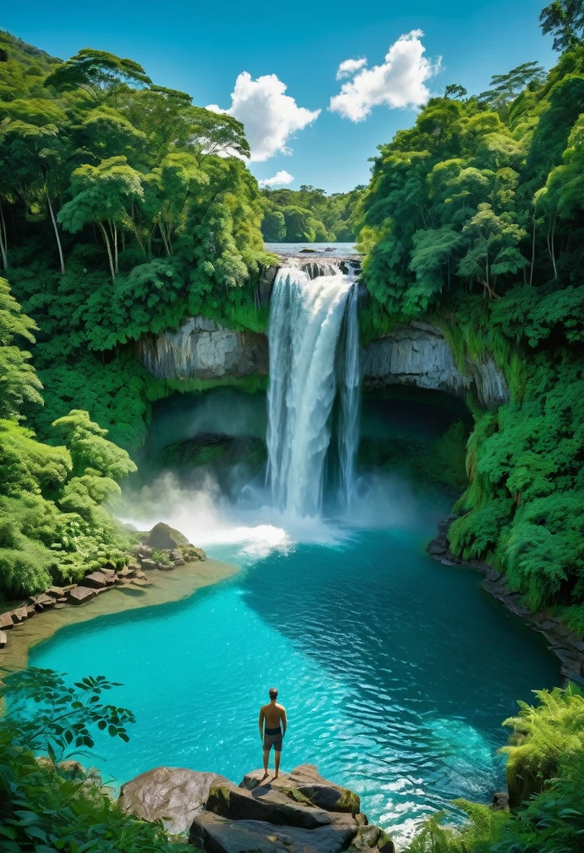 The image is a landscape photograph of a beautiful natural scene. It shows a large waterfall cascading down a rocky cliff in the middle of a lush green forest. The waterfall is surrounded by tall trees and shrubs, and the water is a vibrant turquoise color. In the center of the image, there is a small pool of water with a few people swimming in it. A person is standing on the edge of the pool, looking out at the waterfall. The sky is blue and the overall mood of the photograph is peaceful and serene.4k realistic