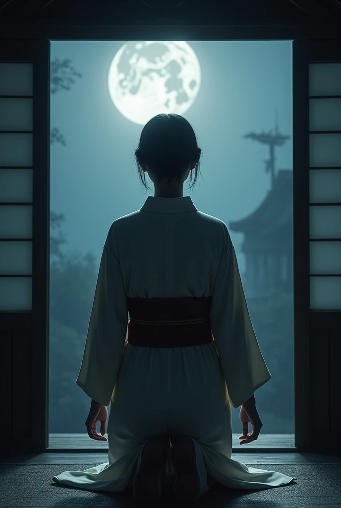 A dimly lit, traditional Japanese room is bathed in the soft glow of moonlight, casting an air of mystery over the scene. A stunning 35-year-old Japanese widow stands with her back to the viewer, her kimono's hem rolled up, showcasing a glimpse of pure white skin. The subtle curve of her buttocks invites the gaze, drawing attention to their peach-like smoothness as she leans forward in a squatting pose.