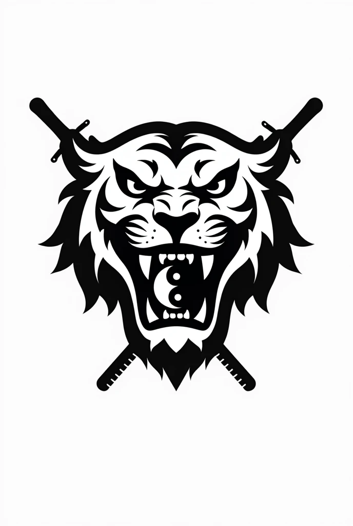 Black and white tiger head logo biting a yin yang that fits perfectly in its tiger mouth. And the image of two keris crossing on the two sides of the tiger's head. Image with plain white background