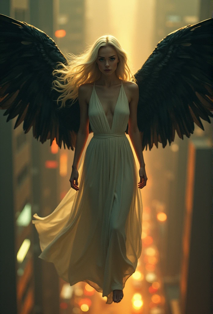 woman floating in the air( pale skin, perfect face, White blonde hair )_Depicts an angelic female figure hovering over a city at night.. The city lights create a dramatic golden atmosphere., Its delicate presence and dark wings contrast with the urban environment.. Women seem to be protective and alert.