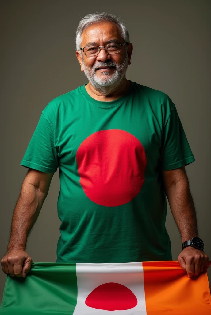 A man wearing Bangladeshi flag t shart
An Indian flag under his leg