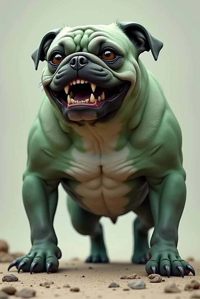 A pug mixed with a pitbull, strong and brave showing his teeth with greenish fur