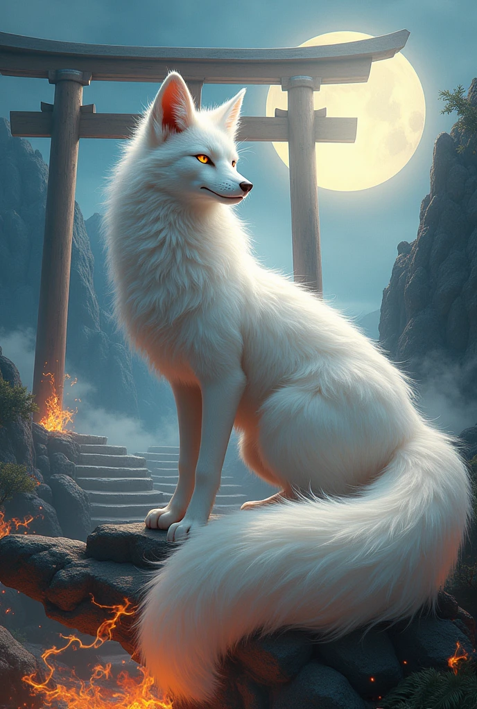 Describe the nine-tailed fox。Has nine tails。The forces of nature are all around us.。
- **Appearance**: The Nine-Tailed Fox、It has the appearance of a fox with beautiful, shining white fur.。Her eyes shine gold、Nine tails swaying in the wind。
- **background**: backgroundには神秘的な山奥の風景や、It depicts the torii gate of a shrine with foxfire floating around.。Around the Nine Tails、Please express the energy of wind and fire swirling.。
- **composition**: The nine-tailed fox dancing in the moonlight、狐火を操る場面を中心にcompositionを作り、Please depict it in a way that emphasizes its mysterious charm.。