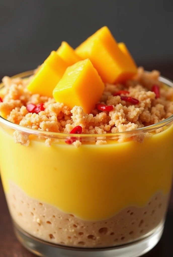 Show me an Image of a mango float with a lot of graham and Chilli on top