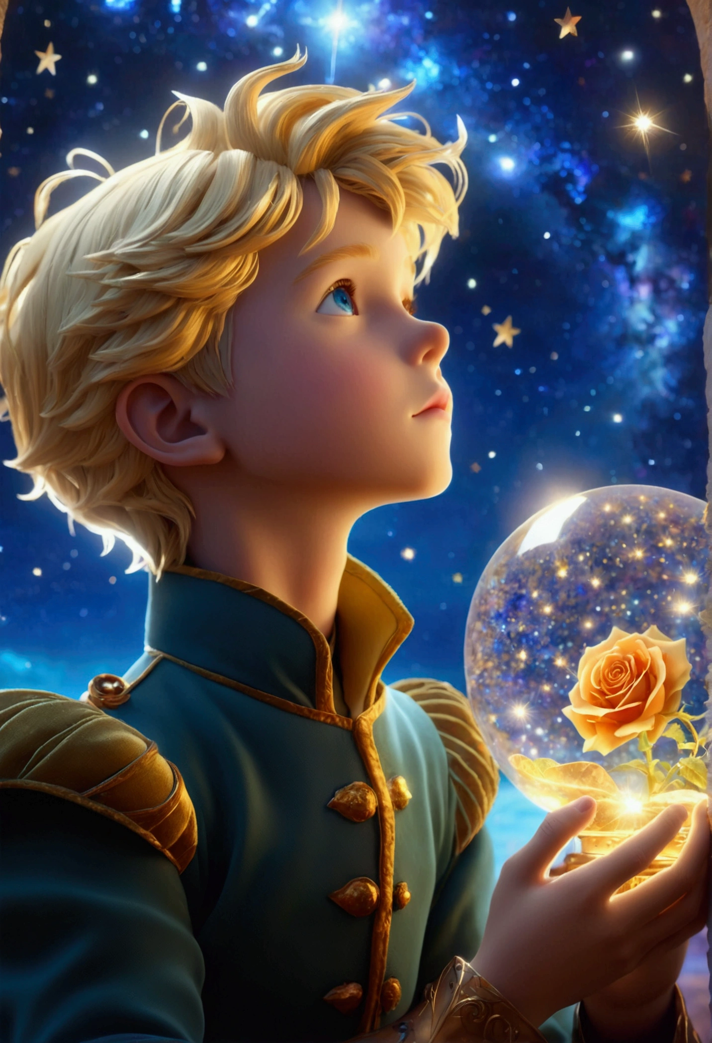 Half portrait, Best quality, Masterpiece, ultra high resolution, (foto realista: 2. 5), surrealism, dream, ((Image of the Little Prince)), blonde hair, light blue eyes, Starry sky, 1lis sitting next to him, night time, Stars, galaxy, sparkling magic fantasy glass dome tall rose, very detailed, amazing quality, complex, cinematic light, very detailed, beautiful, surreal, dramatic, fantasy nebula colour, let_it_flourish anime style, key visual, vivid, anime studio, highly detailed, Rekt Mode, Rekt Lighting, Brilliant, Diamond Dipped, Glitter Sprinkle, (((Masterpiece)))), Glorious, (((best quality))),Friarmoody lighting,Sharp and in focus,8k, Visual novel,Moody lighting,, Fairy tale painting, Vivid lighting masterpiece, Little Prince, breathtaking art, illustartion! Anna Haifisch, Julia Pishtar, Antoine Exupery's Landing, fantastic art, Fabulous Artwork, inspirational art, Fantastic Artworks