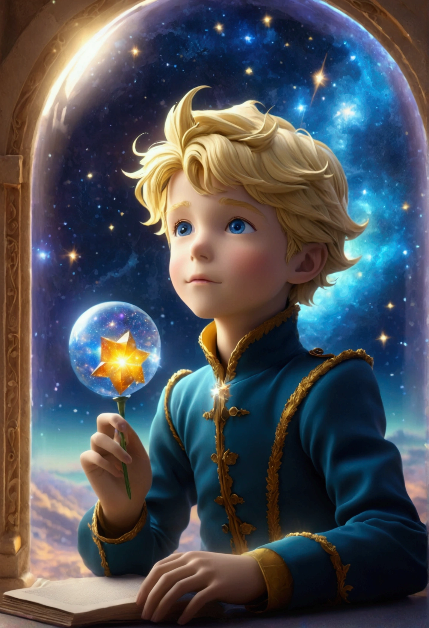 Half portrait, Best quality, Masterpiece, ultra high resolution, (foto realista: 2. 5), surrealism, dream, ((Image of the Little Prince)), blonde hair, light blue eyes, Starry sky, 1lis sitting next to him, night time, Stars, galaxy, sparkling magic fantasy glass dome tall rose, very detailed, amazing quality, complex, cinematic light, very detailed, beautiful, surreal, dramatic, fantasy nebula colour, let_it_flourish anime style, key visual, vivid, anime studio, highly detailed, Rekt Mode, Rekt Lighting, Brilliant, Diamond Dipped, Glitter Sprinkle, (((Masterpiece)))), Glorious, (((best quality))),Friarmoody lighting,Sharp and in focus,8k, Visual novel,Moody lighting,, Fairy tale painting, Vivid lighting masterpiece, Little Prince, breathtaking art, illustartion! Anna Haifisch, Julia Pishtar, Antoine Exupery's Landing, fantastic art, Fabulous Artwork, inspirational art, Fantastic Artworks