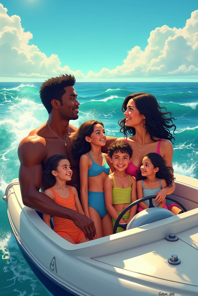 generate a photo of a black man with his beautiful half cast family of wife and brown four kids two girls and two boys wearing bikinis seated on a motor boat exploring the ocean ride
