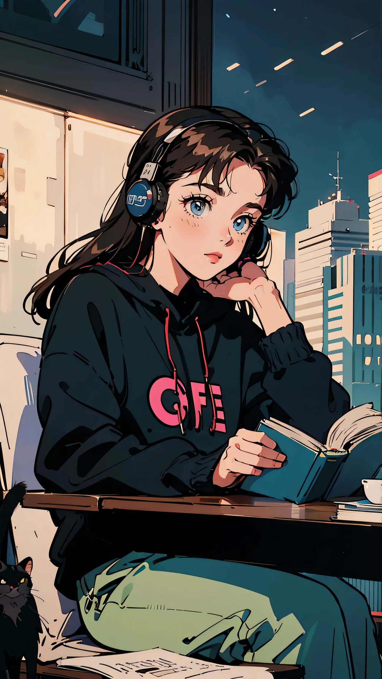 best quality, 8k, 1990s style,2010s hairstyles, 21 year old girl, black hair, long hair, light brown eyes, city pop, pants ,night view, wearing headphones,reading a book, whole body,  relax coffee,table,confection,Looking at me, Black cat
