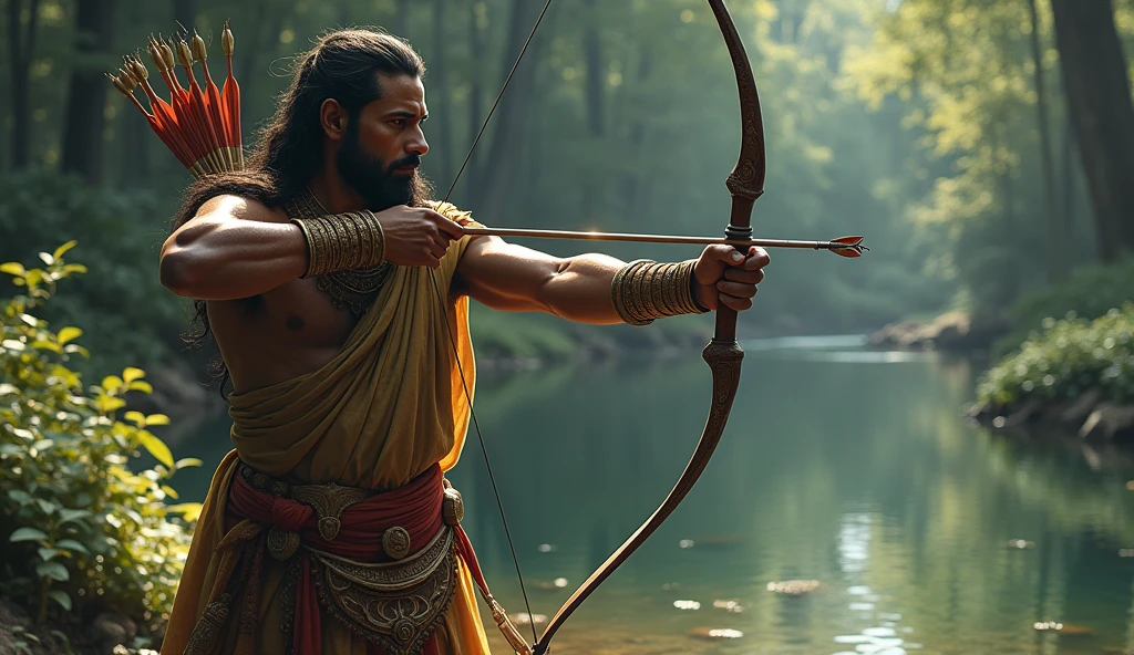 Ekalavya, now without a right thumb, attempting to practice archery again, his determination still strong.**