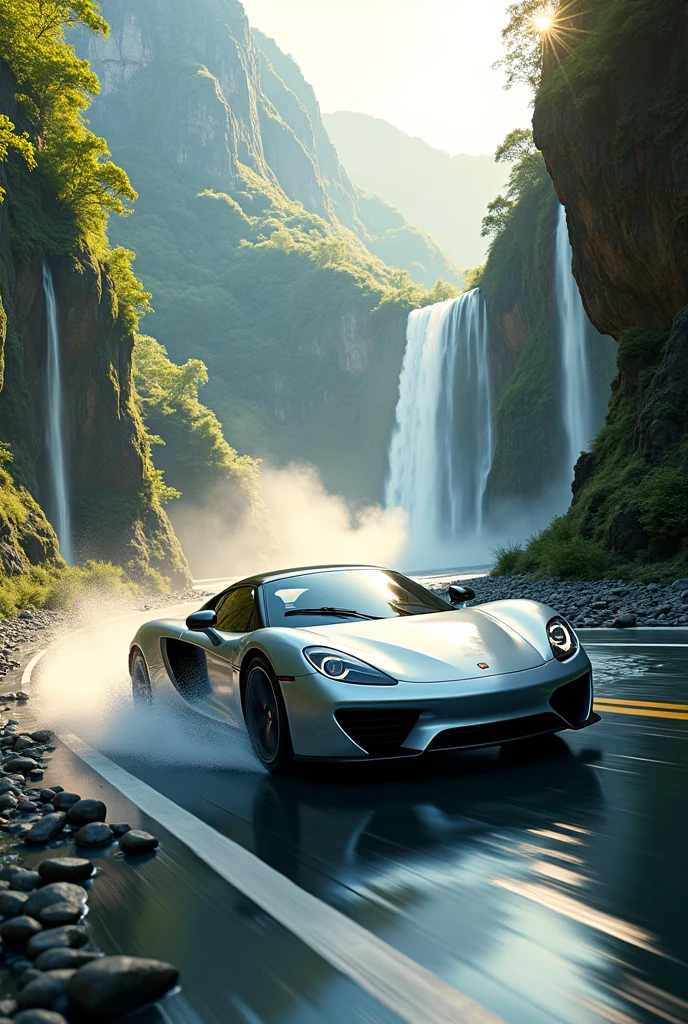 A Car in a driving with water fall