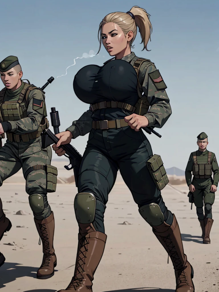 female soldier, war photography, (cinematic lighting:1.1), highest quality, photo of (group of fully dressed really tanned 20yo sexy muscular female army special forces with taut clothing military top, ponytail hair, running holding a rifle), (bouncing breasts, motion lines, motion blur), too tight military shirt, medium_boltedontits, perfectly round breasts, breast implants, unaligned breasts, perfect face, parted lips, dumb expression, (wearing military Combat uniform, battlepack, boots:1.2), athletic body, on the battlefield, fake tits, bootsnutes