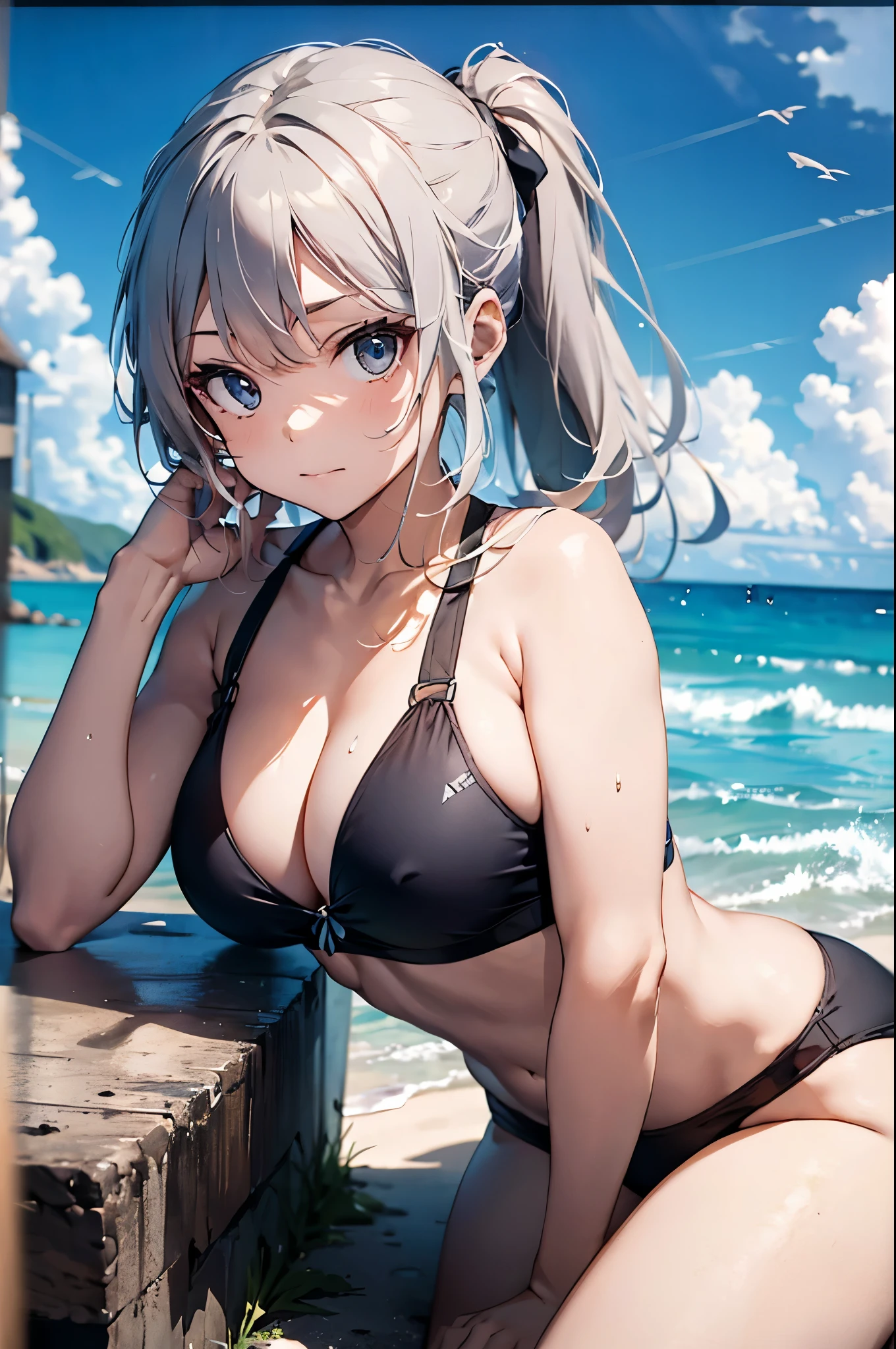 4K,8k,High resolution,
One beautiful young woman,Silver Hair、ponytail、
(Soft Saturation:1.3), (Fair skin:1.2),
(ultra-Detailed Background, Detailed Background), Bokeh,
break&#39;Smiling portrait.,
When viewed from the front, The composition is symmetrical,
Looking straight at you with serious eyes,
break Swimwear, Colorful Bikinis, Center of chest, 
Outdoor, Sea surface, null, sunlight,Summer beach, Sandy Beach,
Strong light, Front lighting, 
(Teen:1.3), (Cowboy Shot:1.2),
Front brake angle,
View your viewers,
Dynamic pose,
sitting on the beach

Seaweed、Seaweed、Seaweed、Seaweed、Seaweed、Seaweed、Seaweed、