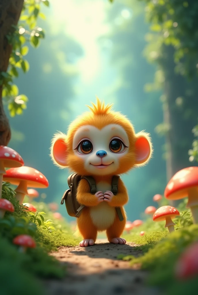 A cute golden snub-nosed monkey with big, round eyes, fluffy golden fur, and a tiny blue nose is about to embark on an adventure. The monkey has a small, curious smile and is holding a little backpack with its tiny hands. It stands at the edge of a misty, enchanted valley filled with lush greenery, vibrant flowers, and softly glowing mushrooms. The 3D scene is rendered in a Ghibli style, with warm, soft lighting and a magical atmosphere