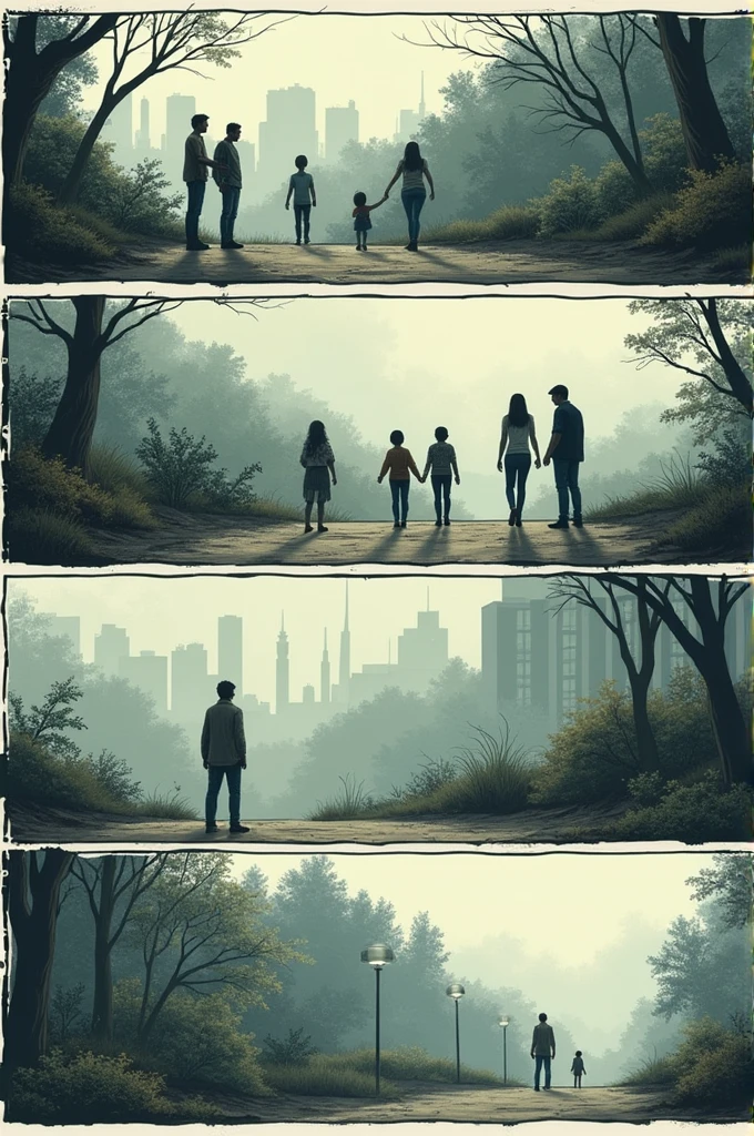 draw 4 comic boxes with the theme of air pollution