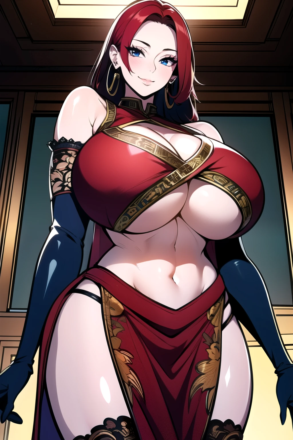 ultra realistic 8k cg, masterpiece, ((ultra detailed background, intricate detail, highly detailed, fine details best quality, hyperdetailed face)), gigantic breasts ,beautiful lighting, absurdres, BoaHancockV2, 1girl, solo, (red hair : 1.3), long hair, jewelry, closed mouth, ), cleavage, (chinese dress : 1.1), (underboob : 1.4), elbow gloves, thigh boots, bare shoulders,, bare shoulders, curvy, midriff, curvy, thighs, shiny clothes), blue eyes, complex detailed background, indoor, palace), ((cowboy shot)), curvy, (gigantic breasts: 1.1), seductive smile, cowboy shot, earrings, jewelry