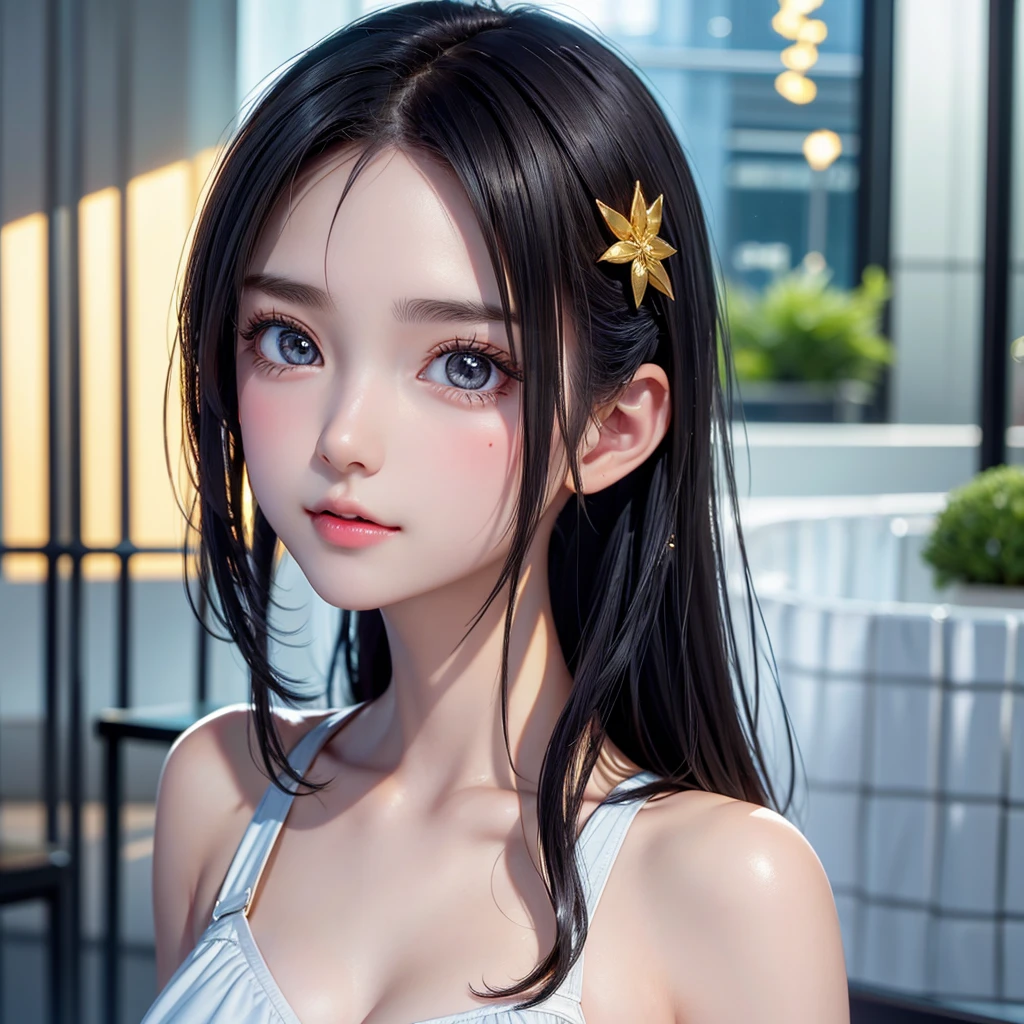 One Girl,(1人のとてもcute:1.3),masterpiece,Highest quality,High resolution,From below,Low - Angle,Photorealistic,RAW Photos,Ray Tracing,Physically Based Rendering,beautiful girl,(:1.3),cute,Big eyes,(detailed pupils:1.2),(The face is facing straight ahead:1.3),Body facing forward,Beautiful nose,High nose,Upturned nose,Fuller lips,Short black hair,ponytail,short hair,Detailed eyelashes,Thin eyebrows,Very fine grain definition,(Symmetrical eyes,Golden Ratio:1.3),(Face close-up,Face Focus:1.0),Small breasts,Slim figure,Short neck,White swimsuit,White Bikini,Ocean,Southern Island,Blue sky,White cloud,Portrait,View Viewer,Upper Body,Cinema Lighting,High resolution,Very detailed