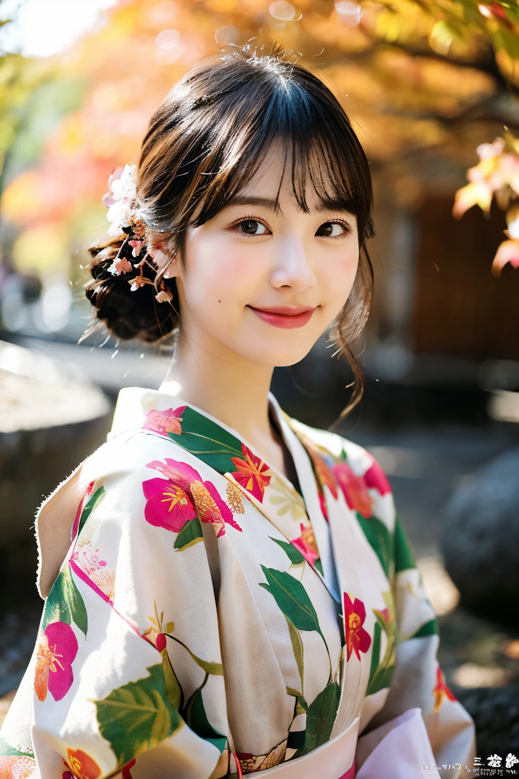 (realistic:1.3), rembrandt lighting, (masterpiece:1.2), (photorealistic:1.2), (best quality), (detailed skin:1.3), (intricate details), ray tracing,1girl, japanese girl, 2, detailed skin texture, (blush:0.5), subsurface scattering, smiling, updo hair, bangs, hair between eyes, hair ornaments, kimono, floral print, wearing edgJF_kimono, seiza (bright sunny day, autumn setting, autumn trees and leaves, (zen garden:1.2)