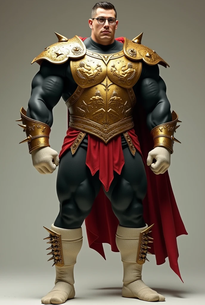 This boy has injected himself with a serum that has given him a huge growth of muscles that has turned him into a gigantic muscle monster. His legs stand out because the amount of muscle and enormous size make the boy look disproportionate since the muscles of his torso are much smaller compared to them.. He is wearing an ancient warrior style suit., First a super tight black lycra base layer that covers the entire body, Then a golden breastplate finally decorated with scenes in relief of muscular men, She also wears a golden belt that is around her small waist. Lleva tambien unas hombreras de oro y una capa color carmin, sus enormes brazos estan cubiertos por la lycra negra y unos guantes blancos con puas en los nudillos, en las piernas lleva unas medias de futbol color blanco extra largas que le llegan hasta los muslos. Sus rostro es hermoso, no lleva barba y tiene el pelo bien corto ademas de llevar unas gafas redondas