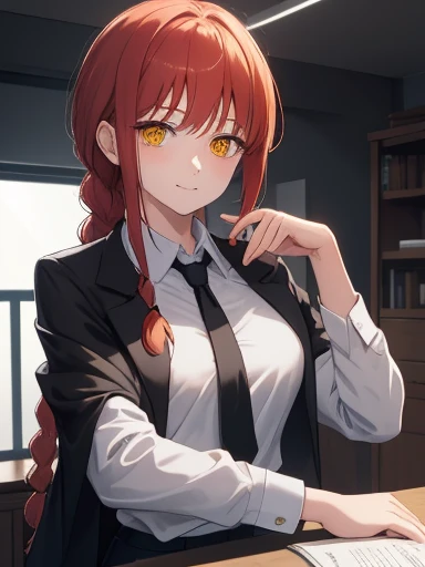 hand, hand, Long Hair, smile, Close your mouth and shake your bangs, Medium chest, (Yellow Eyes:1.2), Braiding, Redhead, Braidinged ponytail, The eyes are round, break shirt, Long sleeve, Jacket, White shirt, Cleavage, Sit at the table, Loose tie, Collared shirt, pants, black Jacket, Black blazer, black pants, formal, suit, Loose black tie, Tucked in shirt, office lady, break indoors, office, break looking at viewer, break (masterpiece:1.2), Highest quality, High resolution, unity 8k wallpaper, (figure:0.8), (Beautiful attention to detail:1.6), Highly detailed face, Perfect lighting, Highly detailed CG, (完璧なhand, Perfect Anatomy),