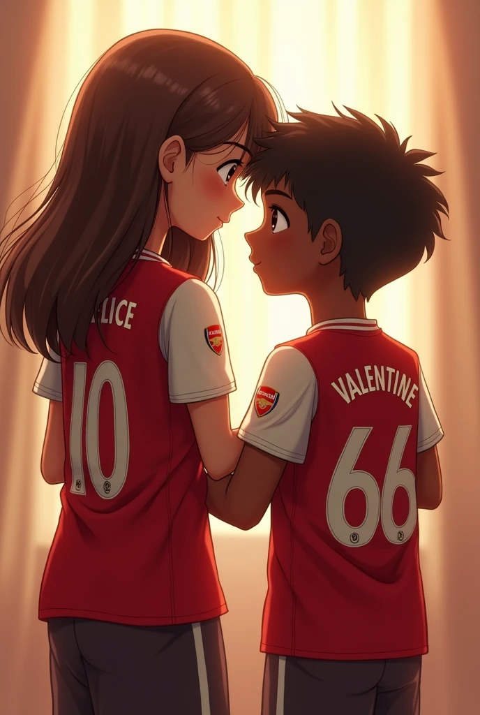 Tall girl with brown colour wearing an arsenal jersey with jersey number 10 and jersey name FELICE holding hands together with dark skinned short 18 year old boy wearing Liverpool jersey with jersey number 66 and jersey name VALENTINE looking at each other with love.
Girl should be taller than boy.
Back positions should be shown.