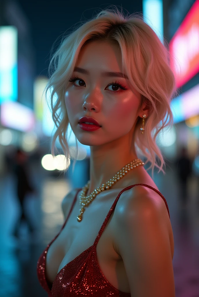 Highest quality, Tabletop, Ultra-high resolution, (Realistic:1.4), (Japanese Idols),RAW Photos, one person&#39;s, night,Detailed skin,Blurred cityscape of South Korea,,Blonde, (Pink inner hair:1.3),Glossy Lips,smile,(Model pose:1.2),2,Beautiful and beautiful eyes,Diamond jewellery,Earrings,Gold Jewelry,Cold Light,,(Strengthened upper arms:1.2),A well-trained body,Pixie Hair，Completely naked，Prostration，Sad expression，Naked Women