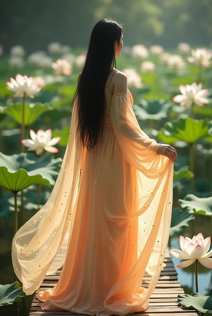 Image of a young woman with long black hair wearing a light orange dress and a cream colored veil decorated with gold sequins, standing on a wooden walkway in the middle of a lotus pond. White lotuses are in full bloom all around. The atmosphere is peaceful and shady. Sunlight reflects off the lotus flowers and leaves, creating beautiful shadows. The woman's skin looks smooth and radiant. Her smooth hair looks lively.
