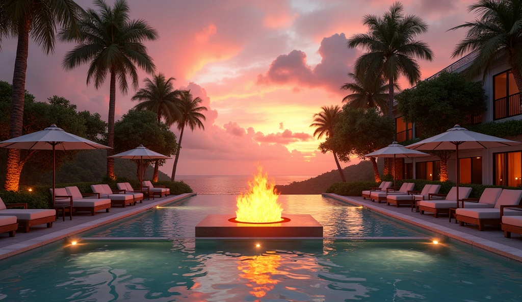 ((fire in the middle)), poolside lounge, sunset