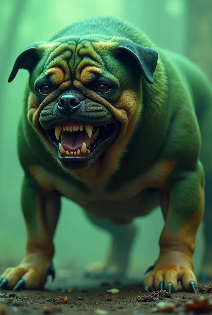 A pug mixed with a rottweiler, strong and brave showing his teeth with greenish fur