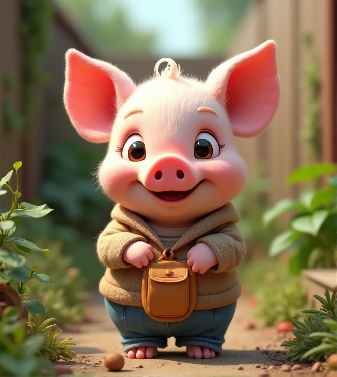 Imagine a lifelike piglet with humorous exaggerated features, oversized, wearing cute clothes, bright eyes and curiosity, smiling, positive image, smiling piglet, Disney style, capturing natural textures, and although its little PAWS are slightly larger, they are cuter. The background is a simple garden with an emphasis on natural colors and some greenery to create vibrant colors