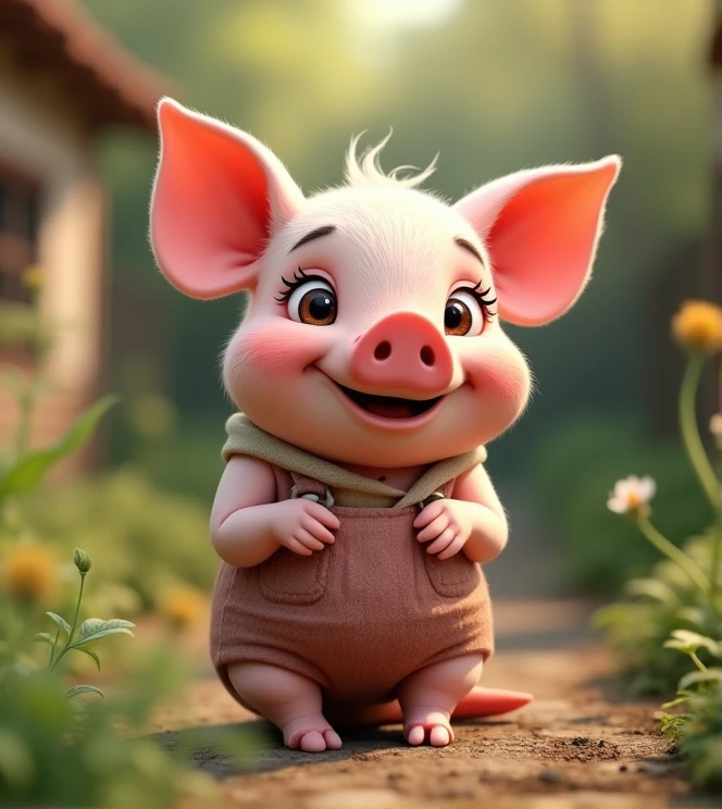 Imagine a lifelike piglet with humorous exaggerated features, oversized, wearing cute clothes, bright eyes and curiosity, smiling, positive image, smiling piglet, Disney style, capturing natural textures, and although its little PAWS are slightly larger, they are cuter. The background is a simple garden with an emphasis on natural colors and some greenery to create vibrant colors