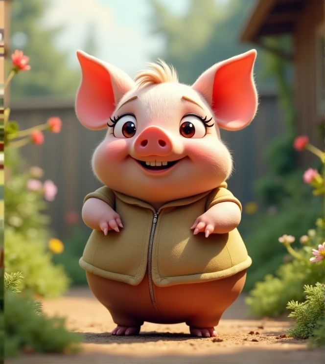 Imagine a lifelike piglet with humorous exaggerated features, oversized, wearing cute clothes, bright eyes and curiosity, smiling, positive image, smiling piglet, Disney style, capturing natural textures, and although its little PAWS are slightly larger, they are cuter. The background is a simple garden with an emphasis on natural colors and some greenery to create vibrant colors