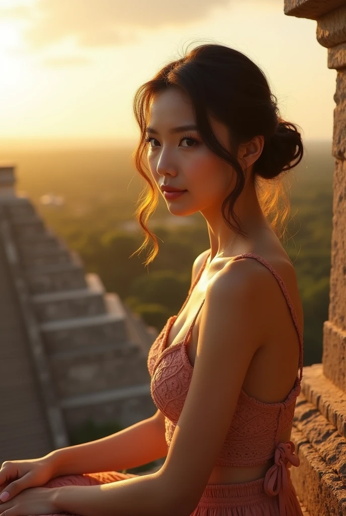 a beautiful Asian woman, small and plump, well proportioned, round face, detailed face, short neck, beautiful eyes, long eyelashes, detailed lips, elegant hairstyle, sitting on top of Mayan temple, detailed temple, golden hour lighting, cinematic composition, warm color tones, photorealistic, masterpiece, 8k, ultra-detailed, professional photography